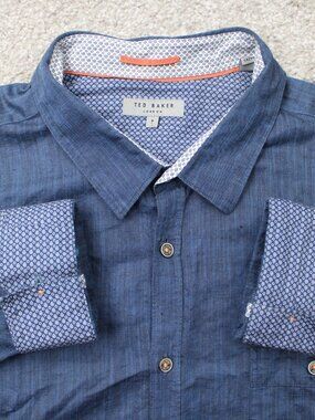 Ted Baker London Shirt Mens 7, 3XL XXXLBlue Linen/Cotton Flip Cuff Long Sleeve